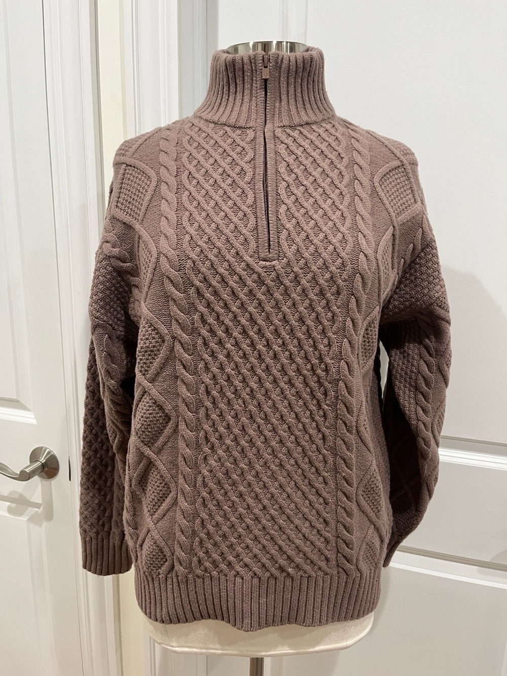 Aritzia Sunday Best Mastery 1/4 Zip Merino Wool Blend Cable Knit Sweater Brown